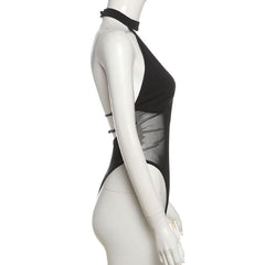 Button halter hollow out mesh v neck bodysuit