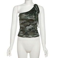 One shoulder self tie irregular camouflage top