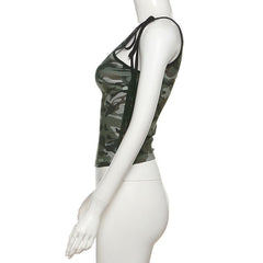 One shoulder self tie irregular camouflage top