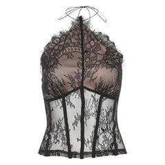 Halter self tie lace hem corset backless top