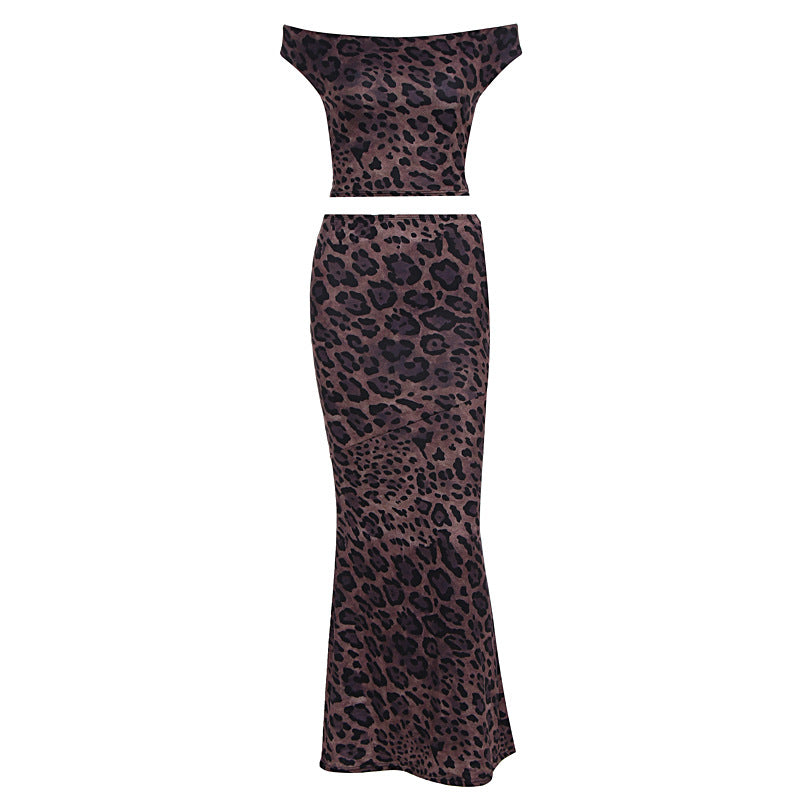 Leopard print off shoulder lace up maxi skirt set