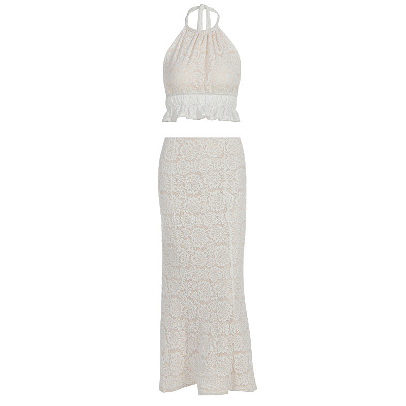 Halter lace ruffle self tie backless maxi skirt set