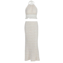 Halter lace ruffle self tie backless maxi skirt set