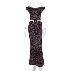 Leopard print off shoulder lace up maxi skirt set