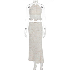 Halter lace ruffle self tie backless maxi skirt set