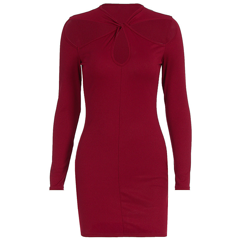 Long sleeve hollow out solid cut out mini dress