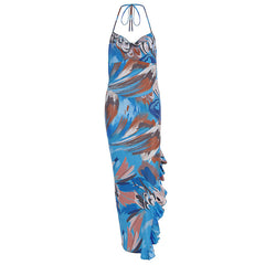 Halter ruffle high slit contrast maxi dress