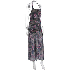 Halter flower print mesh ruched maxi dress