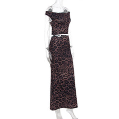 Leopard print off shoulder lace up maxi skirt set