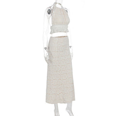 Halter lace ruffle self tie backless maxi skirt set