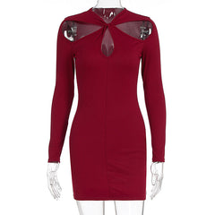 Long sleeve hollow out solid cut out mini dress