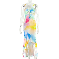V neck ruched hollow out contrast cami cut out maxi dress
