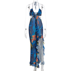 V neck halter ruffle self tie slit print maxi dress