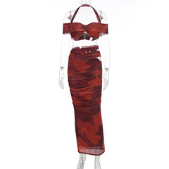 Halter off shoulder ruched hollow out maxi skirt set