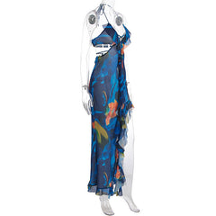 V neck halter ruffle self tie slit print maxi dress