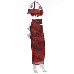 Halter off shoulder ruched hollow out maxi skirt set
