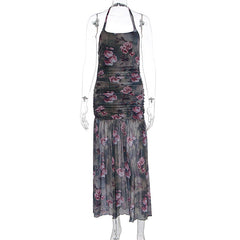 Halter flower print mesh ruched maxi dress