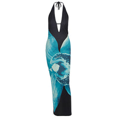 Halter v neck print backless maxi dress