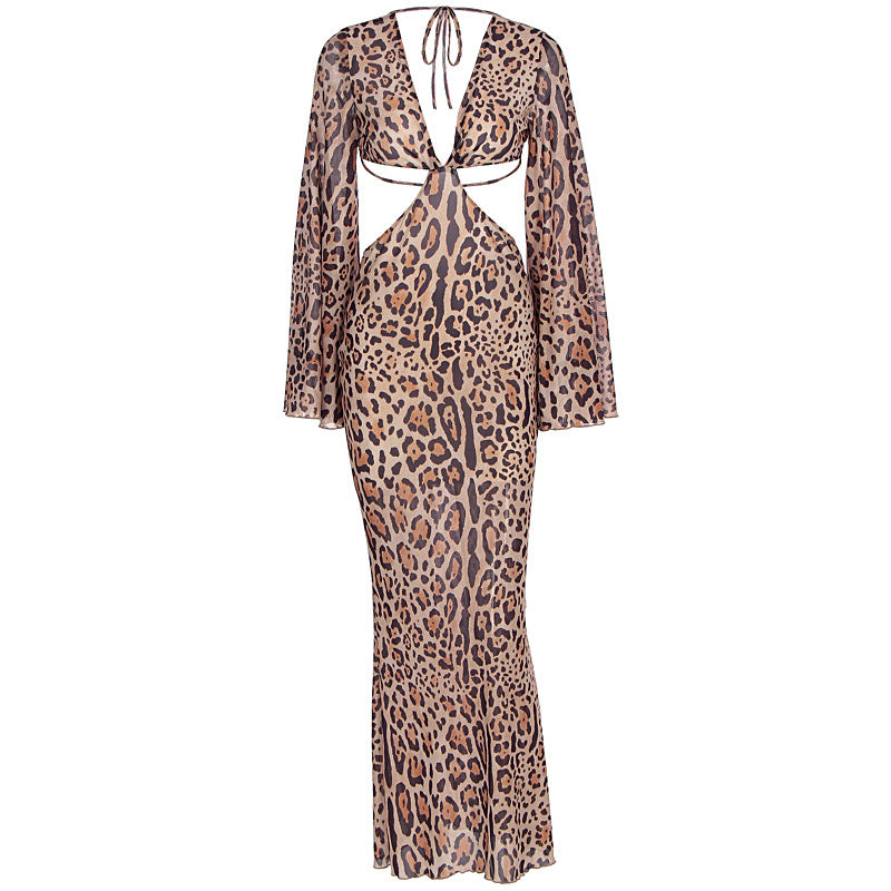 V neck leopard print long sleeve hollow out cut out maxi dress