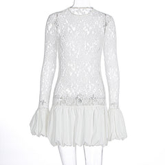 Long sleeve lace patchwork crewneck mini dress