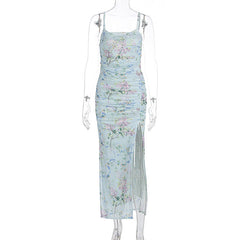 Flower print ruched high slit cami maxi dress