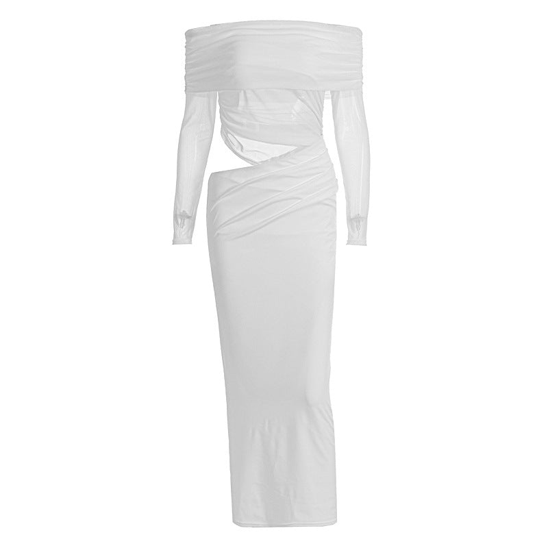 Long sleeve mesh off shoulder hollow out cut out maxi dress