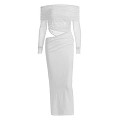 Long sleeve mesh off shoulder hollow out cut out maxi dress