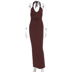 Halter self tie solid ruched v neck maxi dress
