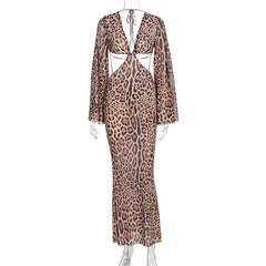 V neck leopard print long sleeve hollow out cut out maxi dress