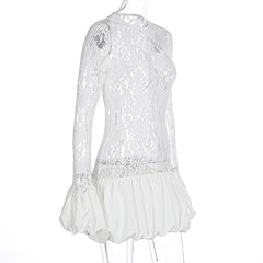 Long sleeve lace patchwork crewneck mini dress