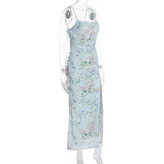 Flower print ruched high slit cami maxi dress
