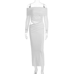 Long sleeve mesh off shoulder hollow out cut out maxi dress