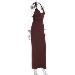 Halter self tie solid ruched v neck maxi dress