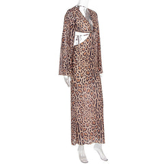 V neck leopard print long sleeve hollow out cut out maxi dress