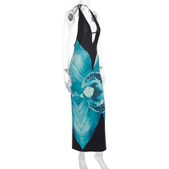 Halter v neck print backless maxi dress