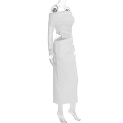 Long sleeve mesh off shoulder hollow out cut out maxi dress