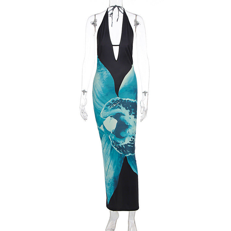 Halter v neck print backless maxi dress