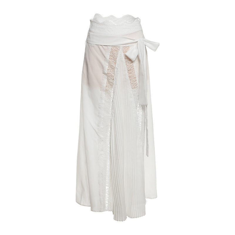 Lace patchwork bowknot maxi skirt