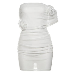 Irregular flower applique mesh ruched mini dress