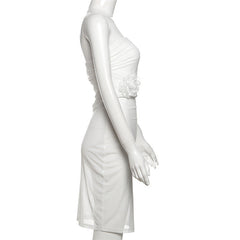 Irregular flower applique mesh ruched mini dress