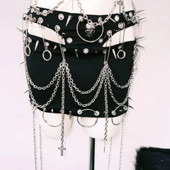 Hollow out rivet metal belt cami mini skirt set without choker