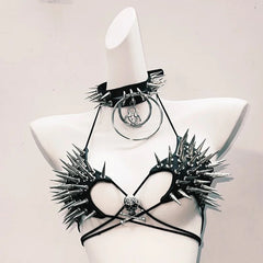 Halter self tie rivet skull applique belt top