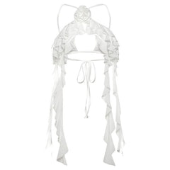 Ruffle flower applique self tie hollow out cut out top