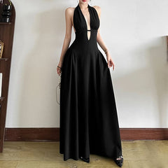 Self tie halter deep v neck hollow out cut out maxi dress