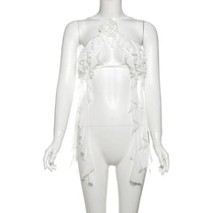 Ruffle flower applique self tie hollow out cut out top