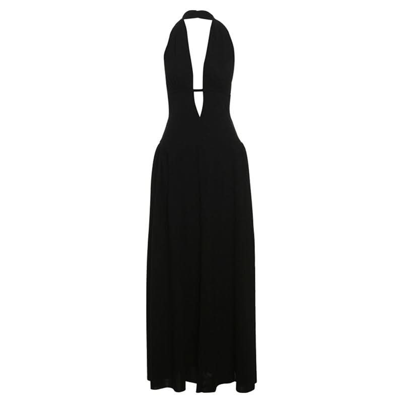 Self tie halter deep v neck hollow out cut out maxi dress