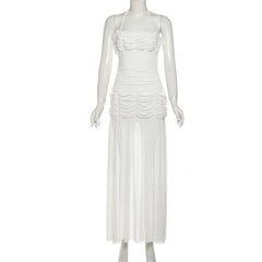 Ruched mesh halter self tie slit maxi dress