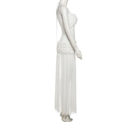 Ruched mesh halter self tie slit maxi dress