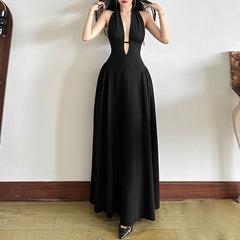 Self tie halter deep v neck hollow out cut out maxi dress