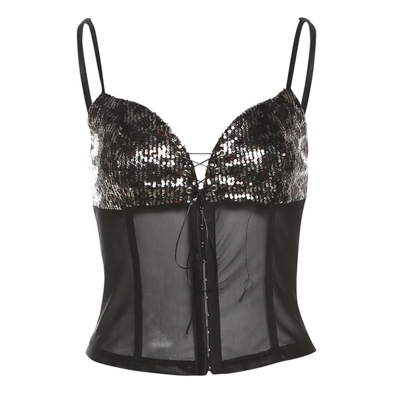 Glitter v neck mesh self tie cami top
